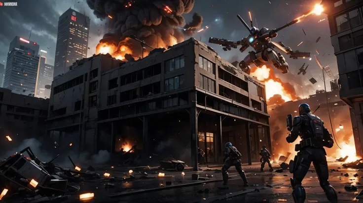 the building explodes because of the grenade launcher, robots around, robots shooting