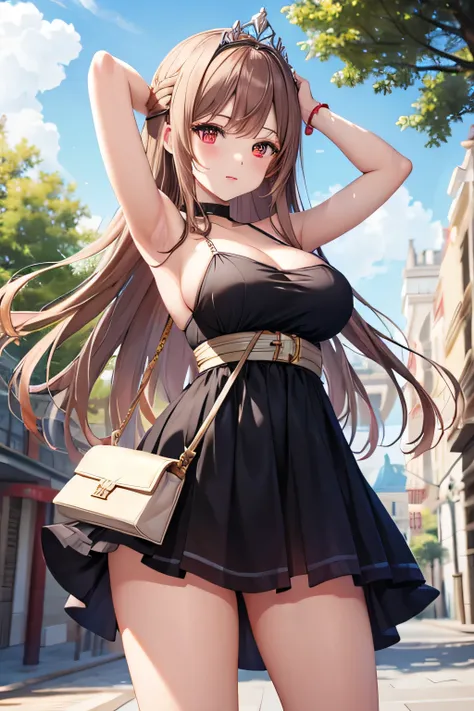 Game , goddess of victory nikke, Rapi , light brown hair,  alluring eyes ,beautiful face , crystal red eyes ,  long hair ,plain colour spaghetti strap dress, selfie wind, 1 hand bag,g cup breast, slender waist, bewitching thighs, five fingers each hand, tw...