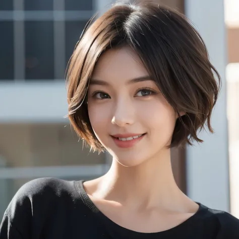 female, short hair, shy smile