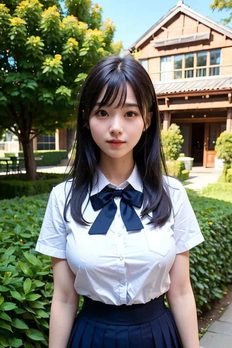 (Highest quality, 8k, 32K, masterpiece, Ultra-high resolution:1.2), Cute Japanese Girl, (Huge breasts:1.1), Short black hair, bangs,expensive, (school uniform), Tight waist, (Outdoor, garden, blue sky),(high school girl),