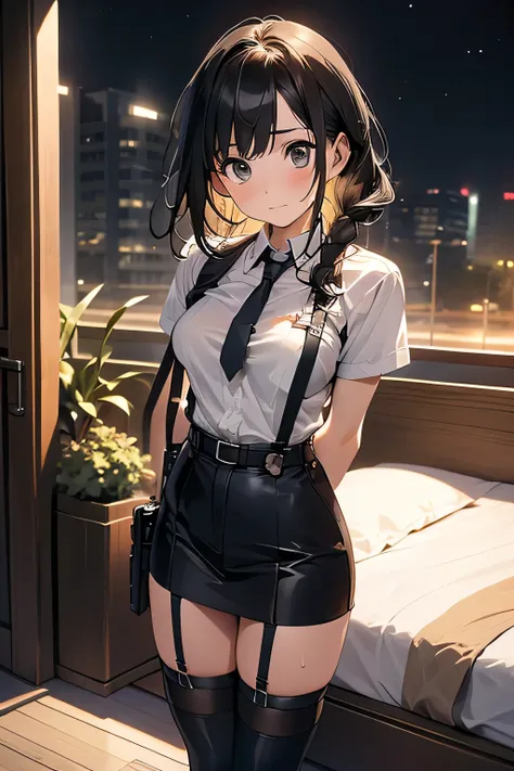 high quality, masterpiece, Ultra-high resolution, (Realism: 1.4), Oil painting style, Cinema Lighting, , I stood on the empty asphalt road and looked at it.., And suspenders with flying cranes　　Large Breasts　 　 　　　　Small face　 　　　holster　　　　　　　 Lying in be...