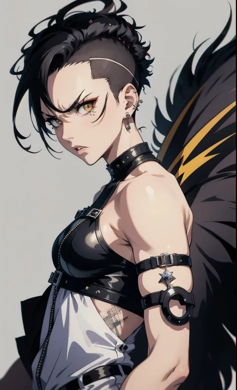 masterpiece, Best quality, Mohawk, piercings, scar, black hair, a stern look, angry face, anime, Young woman 