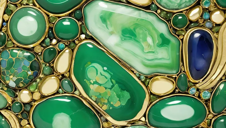 green，gold inlaid jade，abstract glass pattern, indigo, marble，lots of stones，