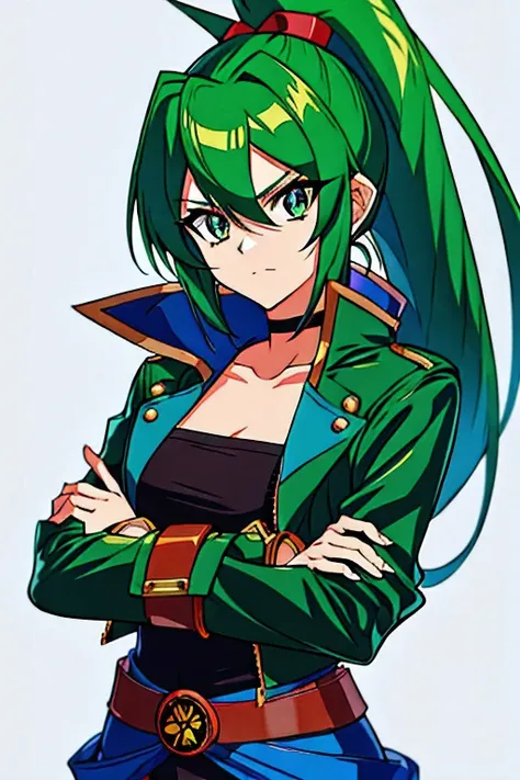 Yu-Gi-Oh、JK、Green Hair、ponytail、Height 156cm、C Cup、Leather jacket、Arms crossed、one person