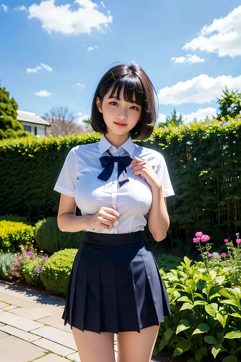 (Highest quality, 8k, 32K, masterpiece, Ultra-high resolution:1.2), Cute Japanese Girl, (Huge breasts:1.1), Short black hair, bangs,expensive, (school uniform), Tight waist, (Outdoor, garden, blue sky),(high school girl),