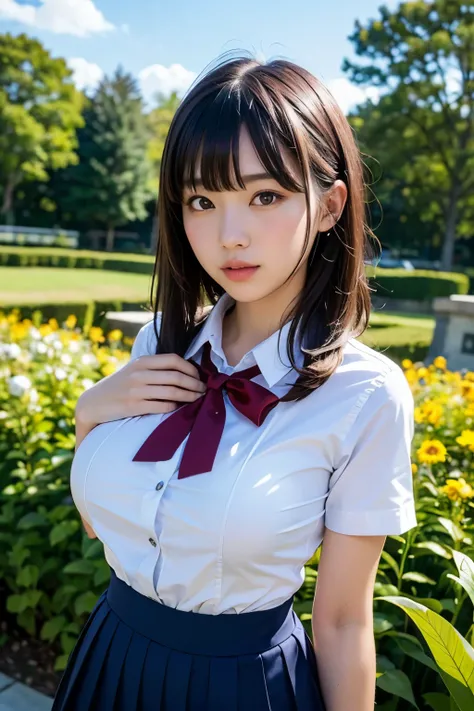 (Highest quality, 8k, 32K, masterpiece, Ultra-high resolution:1.2), Cute Japanese Girl, (Huge breasts:1.1), Short black hair, bangs,expensive, (school uniform), Tight waist, (Outdoor, garden, blue sky),(high school girl),