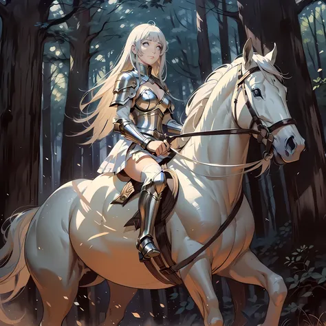 ((best quality)), ((anime masterpiece)), (high detailed), 8k, cinematic lighting, perfect face, female knight riding a HORSE, (hinata hyuga, long hair, {black hair}, medium breast, cleavage), (silver armor, silver pauldron, white miniskirt, bare legs, silv...