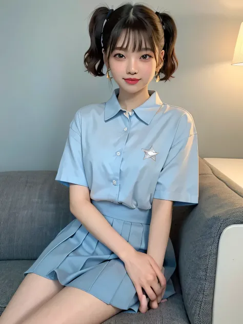 (Highest quality、8k、32K、masterpiece、Hmph:1.2)、Light blue wall、sexy、20-year-old、Cute Japan woman photo、((Star Earrings))、Lip Piercing、((Ear Piercing３t))Short Twin Tails、Red lipstick、sexy、thin、slender、(Bobcut)、(Small breasts)、double eyelid、Short sleeve black...