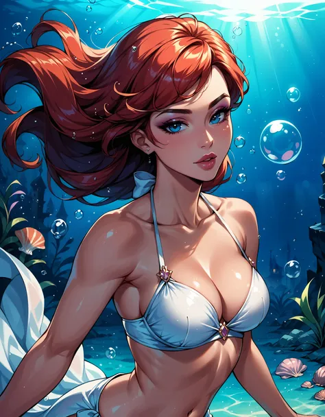 Dark Fantasy Art of score_9, score_8_up, score_7_up, rating_questionable, fantasy, lighting, epiCPhoto 1girl, very sexy Disneys Ariel, seashell bikini top, red hair, floating hair, underwater, submerged, air bubbles, solo, cute, flirt, gaze, sexy look, hal...