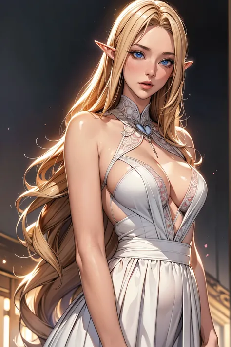 1 elf girl, one person solo, (beautiful elf lady in loving), (honey blonde hair), (absurdly long wavy hair), hair strand, long bangs, shiny hair, (symphony blue eyes), high-detailed and delicate eyes, (colourful eyes makeup, red lips), ultra detailed facia...