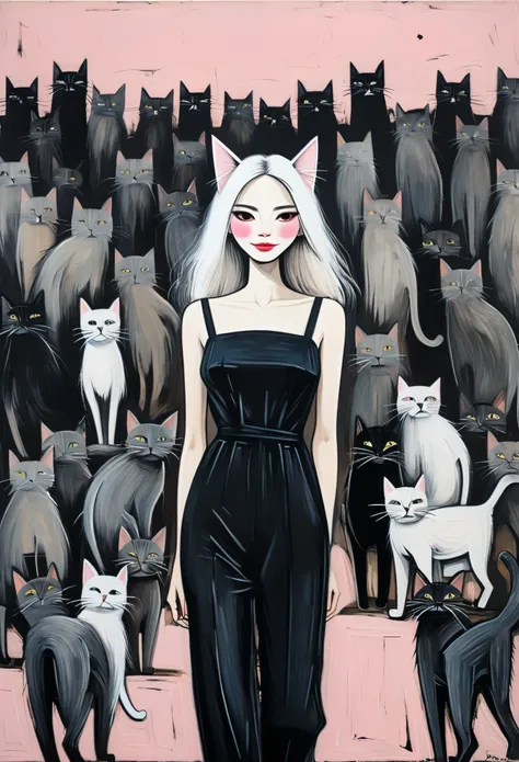 in style of bernard buffet-【famine style】-
((best quality)), illustration, hairy, cat, animal ears, tail, black jumpsuit, 1 girl...