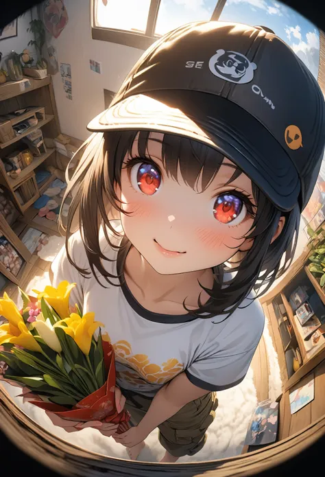 Micro photo。Cute girl with white bob hair and red eyes。Cute in the style of Japanese anime illustrations。She is wearing a large yellow short-sleeved T-shirt。She is wearing sarouel cargo pants。She is barefoot。She is wearing a baseball cap。Realistic backgrou...