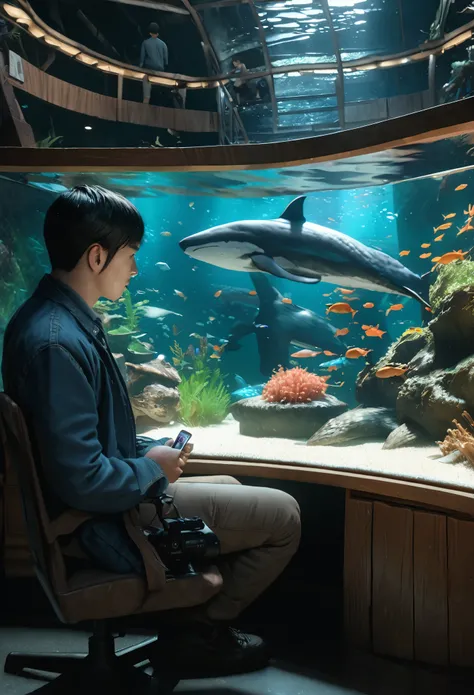 (3d:0.5,Realistic:0.5,photoRealistic:0.5),(Absurd,Super Resolution,masterpiece,Highest quality,In detail,Absurd:1.2), Dramatic Light, Dramatic lighting, Cinematic, Anime Scenery, Makoto Shinkai, Ghibli, aquarium, Aqua World, fish, whale, 1 male, Asian Man,...