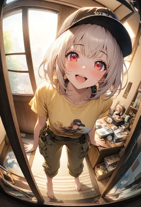 Micro photo。Cute girl with white bob hair and red eyes。Cute in the style of Japanese anime illustrations。She is wearing a large yellow short-sleeved T-shirt。She is wearing sarouel cargo pants。She is barefoot。She is wearing a baseball cap。Realistic backgrou...