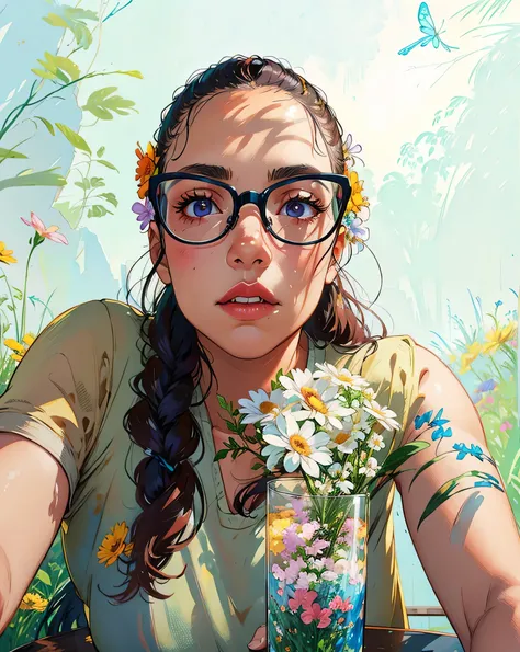 there is a woman with glasses sitting at a table with a plate of food, 3 0 years old woman, 30 years old woman, 3 , 2 , 2 , 2 , selfie of a young woman, 3 , profile image, 3, (3)HD, (Best Detail), (Best Quality), (Illustration), (((Flowers))), ((Hair Decor...