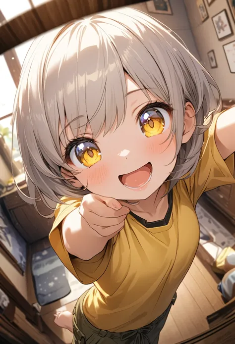 Micro photo。Cute girl with white bob hair and yellow eyes。Cute in the style of Japanese anime illustrations。She is wearing a large yellow short-sleeved T-shirt。She is wearing sarouel cargo pants。She is barefoot。Realistic background of a single person livin...