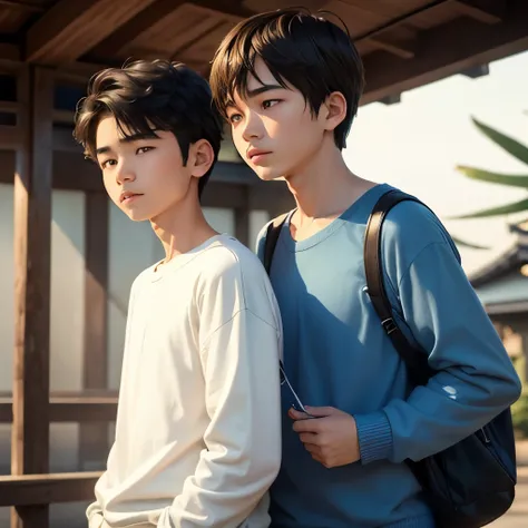 an  teenage boy wearing a blue shirt along with a younger teenage boy wearing cream sweater,face Japan,