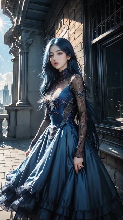 4K Ultra HD, Masterpiece, 1 girl, good face, very Long hair, ((gradient blue hair)), Detailed eyes, ((spider mesh dress)), (blue dress), Magical effect, Spread light, on the roof of the building, god rays, ((spider web)), ray tracing, bloom, lens flare, su...