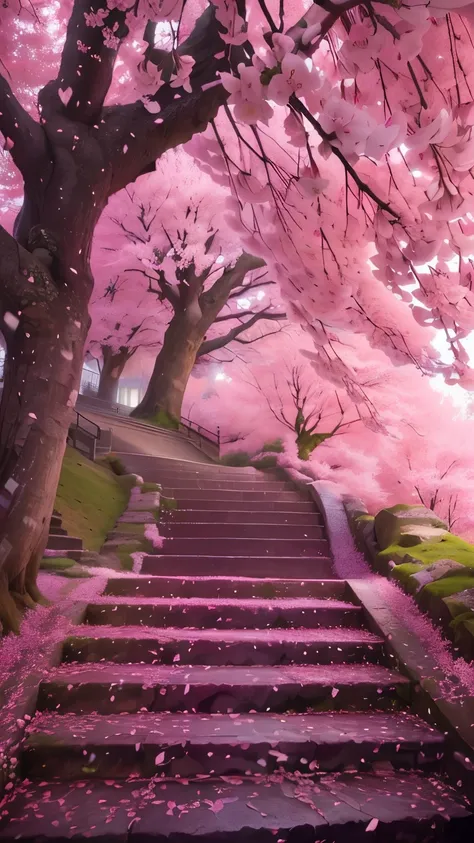 Staircase close-up，with a tree in the background, The Flowery Road to Heaven, cherry blossom rain everywhere, Cherry Blossoms Falling, Cherry Blossom Forest, Pink Forest, Stairway to Heaven, Towards beautiful, Pink Zen Style, Pink Landscape, Paradise pink,...