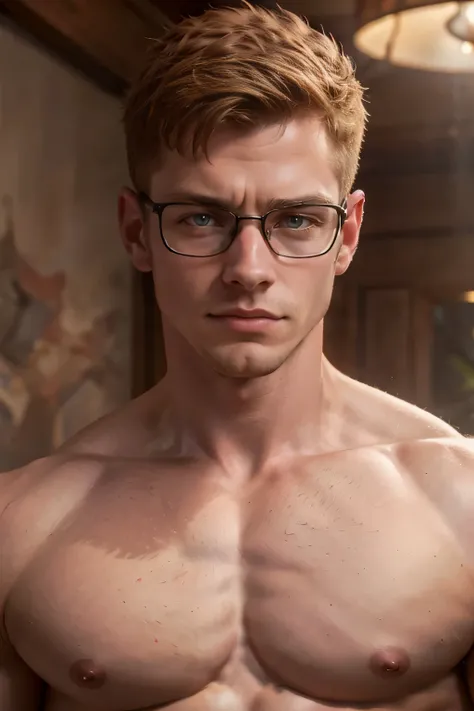 A portrait of a handsome muscular redhead young man with short hair wearing glasses looking sternly at the camera, shirtless ripped, (Best quality, 4k, Masterpiece :1.3), huge pecs , pink nipples, pale skin, lean, closeup