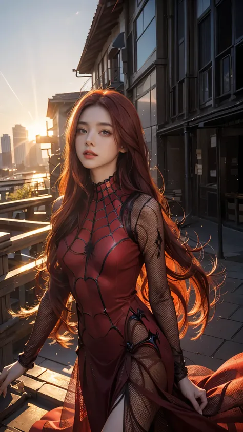 4K Ultra HD, Masterpiece, 1 girl, good face, very Long hair, ((gradient red hair)), Detailed eyes, ((spider mesh dress)), (red dress), Magical effect, Spread light, on the roof of the building, god rays, ((spider mesh)), ray tracing, bloom, lens flare, sun...