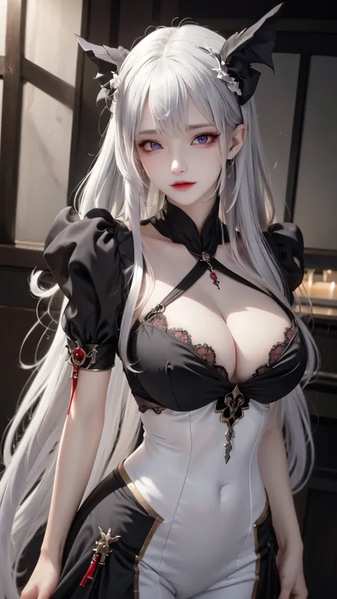 A girl，vampire，Silver Hair，Red pupil，