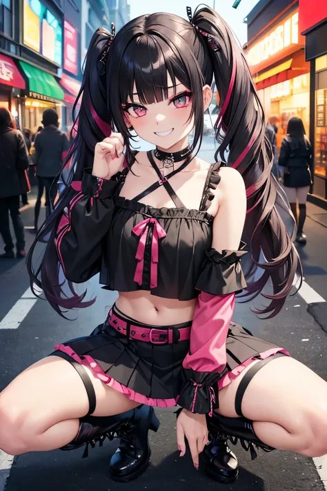 
A Harajuku grunge girl with a mischievous grin, wearing a black sheer blouse and a ripped mini skirt. Her makeup is dark and dramatic with heavy eyeliner and glitter. She has a mischievous grin and her hair is styled in pigtails. She is wearing chunky bla...