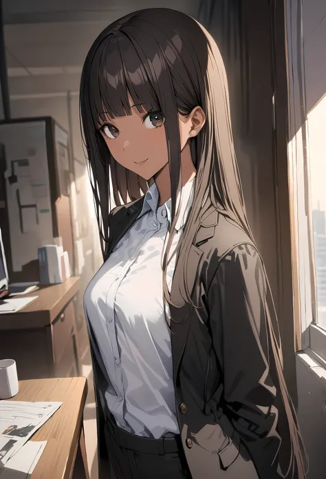 ((masterpiece,best quality anime,Highest quality:1.3)),realistic,portrait,upper body,1 bueatiful woman,((very small head:1.4)),((very long body:1.3)),straight long hair,(black hair),bangs,(gorgeous big eyes)、(tan skin:1.2),black eyes,smile,((slender body:1...