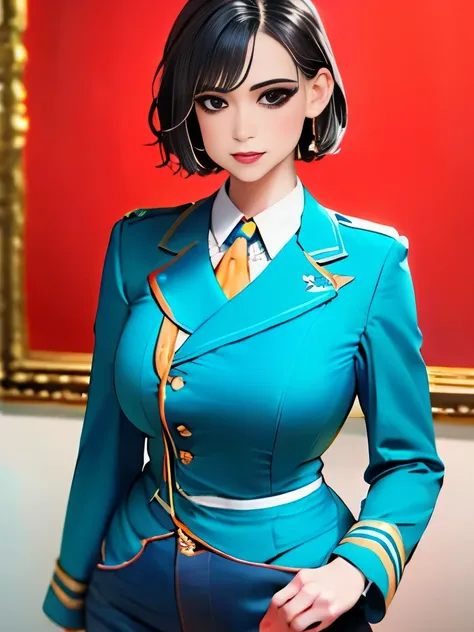 (highest resolution, distinct_image) Best quality, single person, one woman, solo, masterpiece, highly detailed, semi realistic, black short hair, black hair, bangs, 1, mature, light blue military uniform, military uniform, indoor background, gentle, autho...