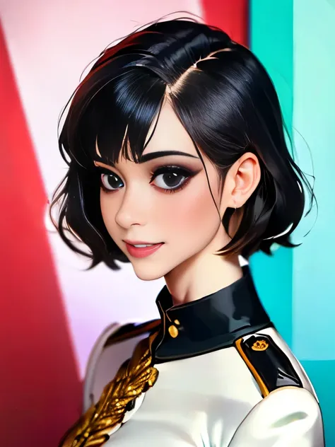 (highest resolution, distinct_image) Best quality, single person, one woman, solo, masterpiece, highly detailed, semi realistic, black short hair, black hair, bangs, 1, mature, light blue military uniform, military uniform, indoor background, gentle, autho...