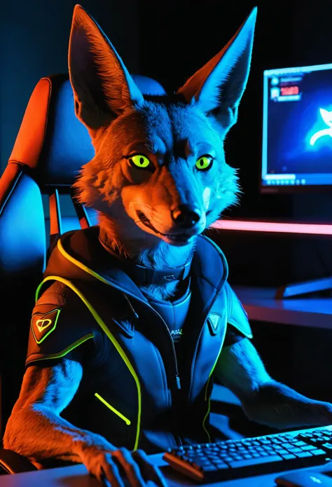 jackal! sits at a computer desk! in a gaming! chair, cool computer, lots of neon, semi-darkness, glowing computer, jackal looking at camera, close-up shot, jackal, animal, 3d, gamer jackal, cool gamer, 3D graphics, the jackal grins