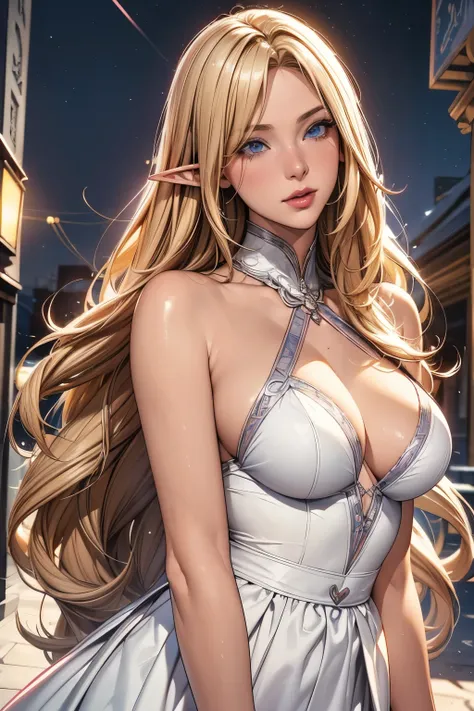 1 elf girl, one person solo, (beautiful elf lady in loving), (honey blonde hair), (absurdly long wavy hair), hair strand, long b...