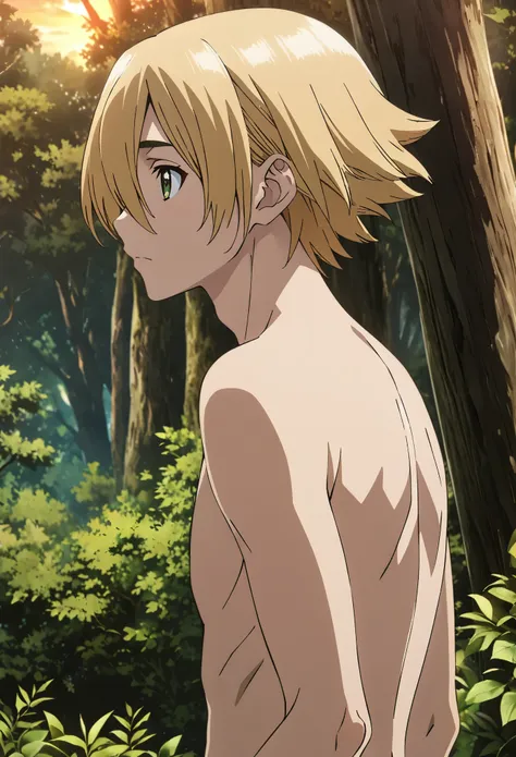 ginrou_dr_stone, blonde hair, green eyes, short hair, hair over one eye, high quality, score_9, score_8_up, score_7_up, amazing ...