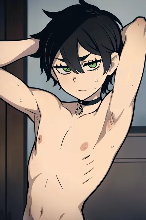 Highres, Masterpiece, Best quality at best,Best Quality,hight quality, hight detailed, Anime style, 1boy, Shota, young boy, Young andy graves, hair between eyes, closed mouth,black hair, green eyes, Slim body, messy hair, look at viewer, Shirtless, Bare sh...