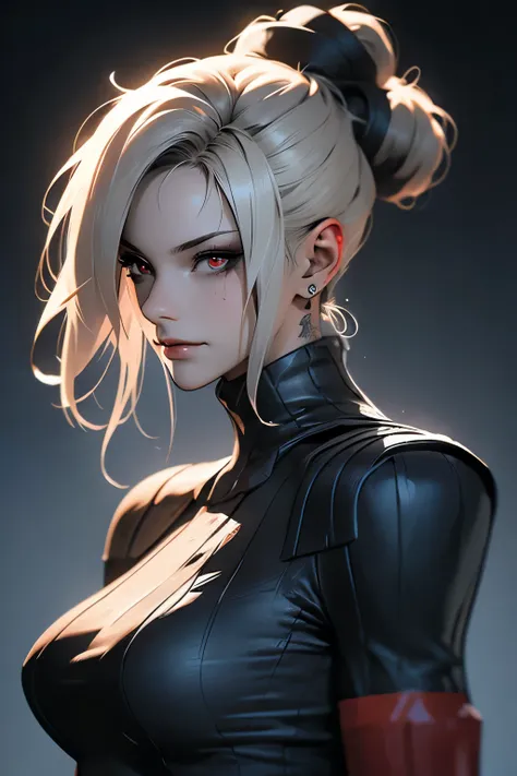 perfil portrait image of a woman with long light blond, streaked with red and black highlights and black curly hair, red eyes, she wears social clothes and have a lot of ((tattoos on her body)). She is smiling like a villain, with a moon tattooed on her fa...