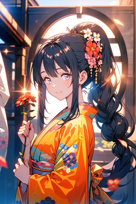 Japanese Girls, 8k, Highest quality, masterpiece, Fantasy, Photorealistic ultra-detailed, One Girl, cute, The best smile, Beautiful Eyes, Long black hair, ponytail, Perfect Face, ((holding a flower in her hand)), mirrornun, japanese clothes, hair flower, k...