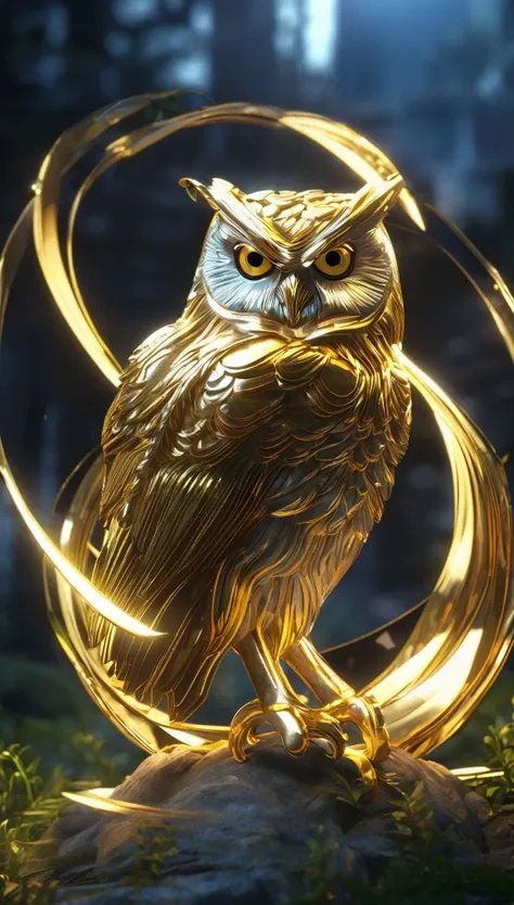 Golden eyed owl illustration, Unreal Engine Rendering + Beast God, Very detailed , B Global Illumination, Exquisite and gorgeous jewelry, Top Trends on cgisociety, Motion Graphics, rossdraws Global Illumination, CG Association