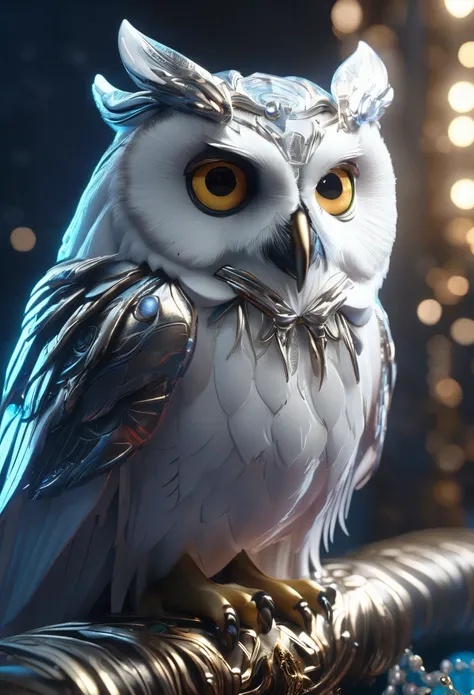 Illustration of an owl with platinum eyes, Unreal Engine Rendering + Beast God, Very detailed , B Global Illumination, Exquisite and gorgeous jewelry, Top Trends on cgisociety, Motion Graphics, rossdraws Global Illumination, CG Association