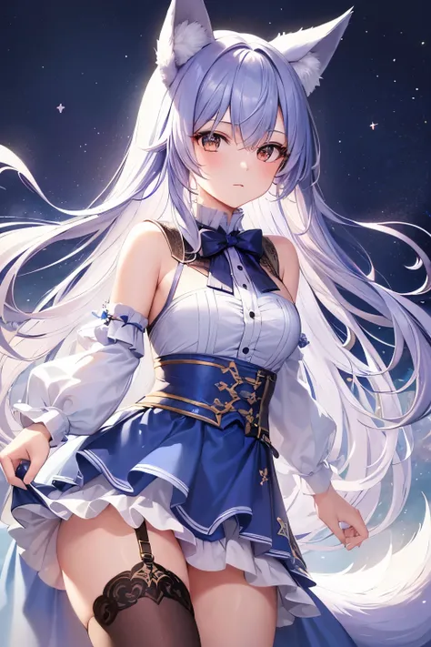 ((Highest quality)),((high resolution)),  ((masterpiece)), (detailed), One girl, Ice lavender hair,Wolf ears and tail, Brown Eyes, long hair, 