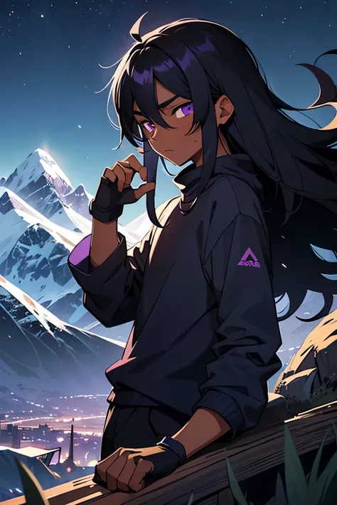 a teenage man, with dark skin, with purple eyes, with black hair, medium long hair, hair over the shoulders, wearing a dark blue long sleeved shirt, wearing black lightweight sweatpants, wearing a dark blue and purple fingerless glove. mountain scenery at ...