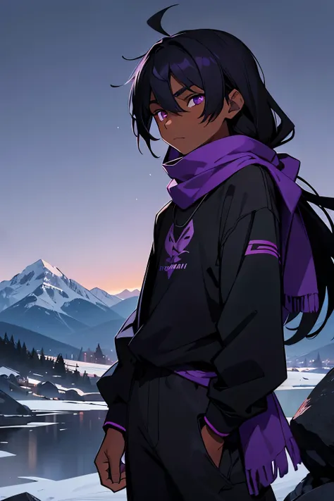 a teenage man, with dark skin, with purple eyes, with black hair, medium long hair, hair over the shoulders, wearing a dark blue long sleeved shirt, wearing a small dark purple scarf, wearing black lightweight sweatpants, wearing a dark blue and purple fin...