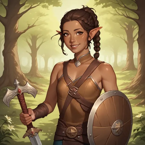 (((beautiful, high quality, perfect eyes, comics style, semi-realistic, detailed face))), score_9, score_8_up, score_7_up, BREAK 1girl, solo, Tevvi, half-elf female, Druid, dungeons & dragons, DnD, dark skin, freckled skin, Chestnut-brown hair, big dark-br...