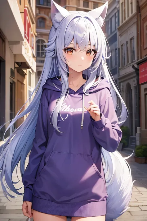 ((Highest quality)), ((high resolution)), ((masterpiece)), (detailed), One girl, Ice lavender hair,Wolf ears and tail, Brown Eyes, long hair, Around town, hoodie