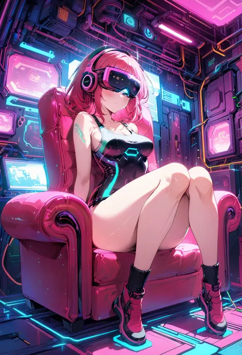 A young girl immersed in a dark, futuristic environment, sitting in a large red armchair or pouf under dim neon lighting. The girl is wearing a virtual reality headset that emits a green glow, and his body is covered in detailed tattoos that run down his a...