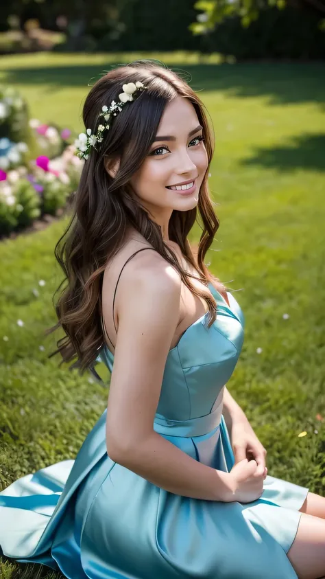 Realistic photo of the back torso of a 2 brunette bridesmaid with long hair, beautiful smile and ready for a kiss. flower in hair, necklace, She smiles lovingly at the camera in a long A-line dress with straps made of shiny dark blue satin..., Park,Glamour...