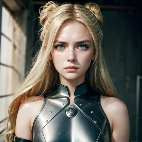 warrioress, Woman, Madura, 30years, Mediovale, blonde, battle background, Disdainful face, greeneyes, side buns, tears and head, heterochromia,Depth of field, Pulling the mask, plano americano, Frowning of the eyebrows/frown, angry, Spark, breastsout, hair...