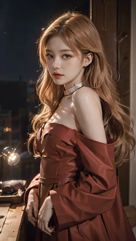 Girl wearing, luxury red coat, with bishop collar design, bare shoulder,shoulder length hair, wavy hair, glowing skin, star in eye, red lips, blur audience background, cute poses , upper body, light blonde hair, naked or cloths.