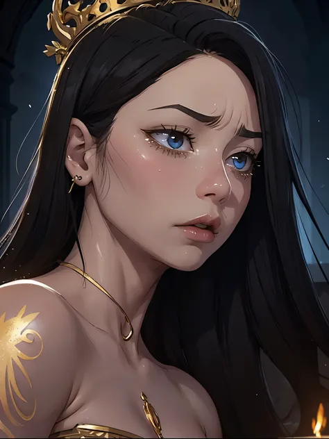 A beautiful girl is captured in an intense close-up, focusing only on his face in the middle of a gloomy and enigmatic environment. She wears a delicate gold crown that sits atop her loose, dark hair., Framing her face with an air of royalty and mysticism....