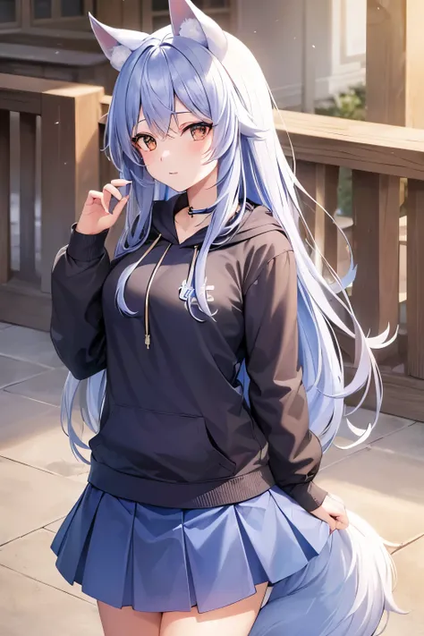 ((Highest quality)), ((high resolution)), ((masterpiece)), (detailed), One girl, Ice lavender hair,Wolf ears and tail, Brown Eyes, long hair, Around town, Navy blue hoodie, Sky Blue Skirt