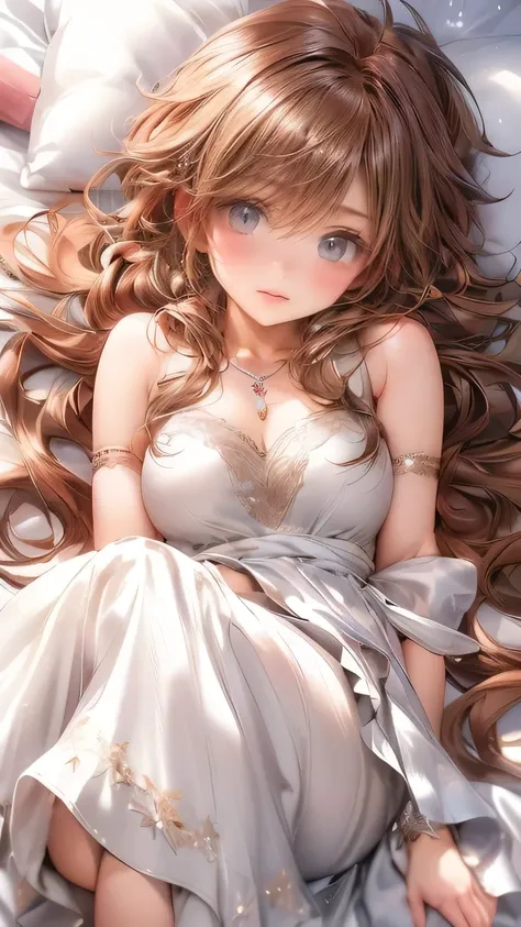 beautifully detailed (bangs, eyes, longeyelash, lips, breasts, navel), little young girl, shy face, fluffy hair, adorable figure, coquettish atmosphere, middle breasts, wariza on bed, beautiful delicate(hair,face,eyes,lips,thigh),delicate pupils,sparkling ...